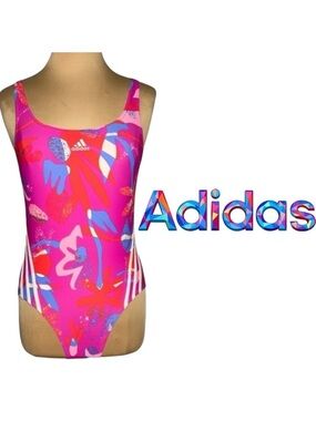 ADIDAS Pink multicolor Floral 3-Stripes One Piece retro 90’s Swimsuit size 12